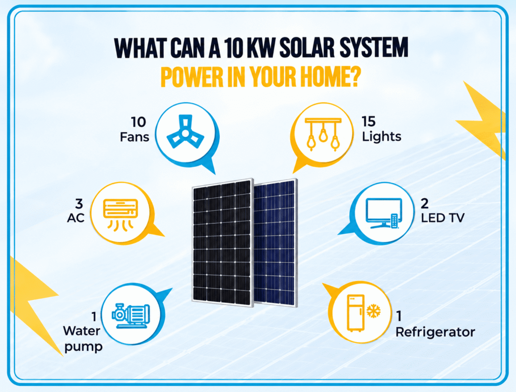 10kW solar system by GWM Energy powering fans, lights, ACs, TVs, refrigerator, and water pump.