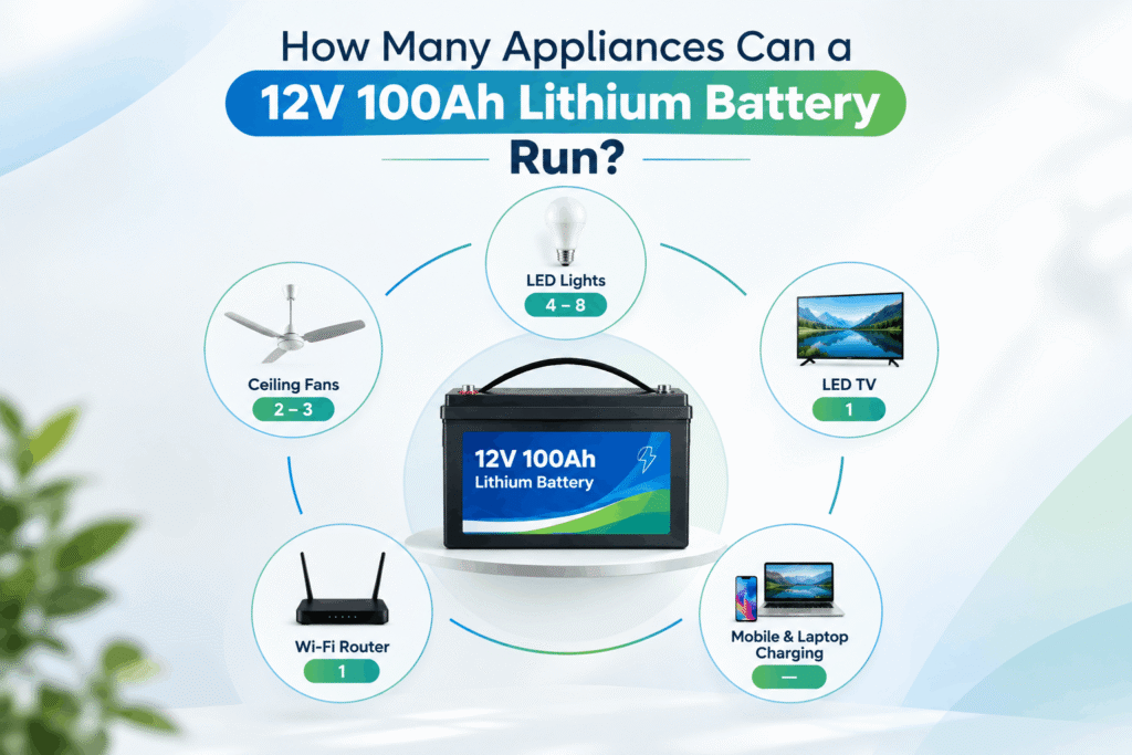 GWM Energy 12V 100Ah lithium ion battery infographic showing supported appliances including LED lights, fans, TV, Wi-Fi router, and mobile/laptop charging.