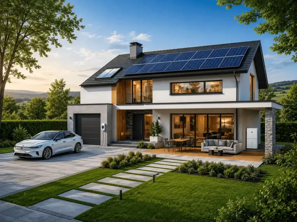 Modern smart home with rooftop solar panels, GWM Energy best lithium battery brand in pakistan storage system, and electric vehicle charging for sustainable living.