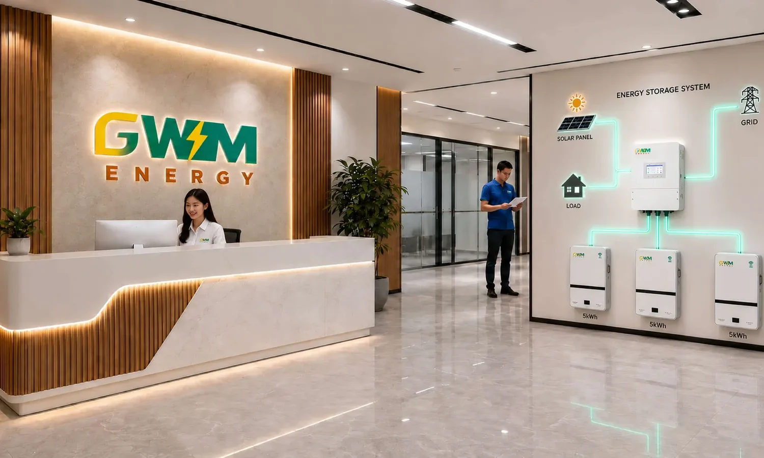 GWM Energy office reception showcasing residential solar energy storage systems and as a distributor of best lithium battery brand in pakistan solutions for smart energy management.